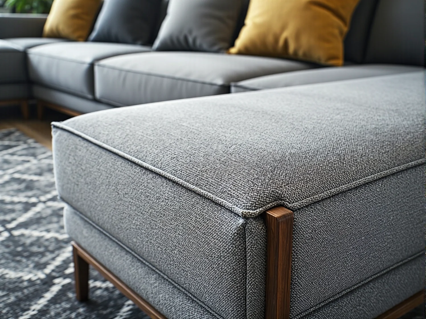 Rozkładany szary narożnik z pojemnikiem na pościel i wygodnymi poduszkami