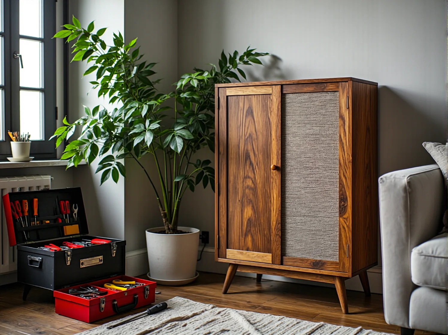 Ściski stolarskie i mocny klej niezbędne do trwałej naprawy pękniętych elementów.