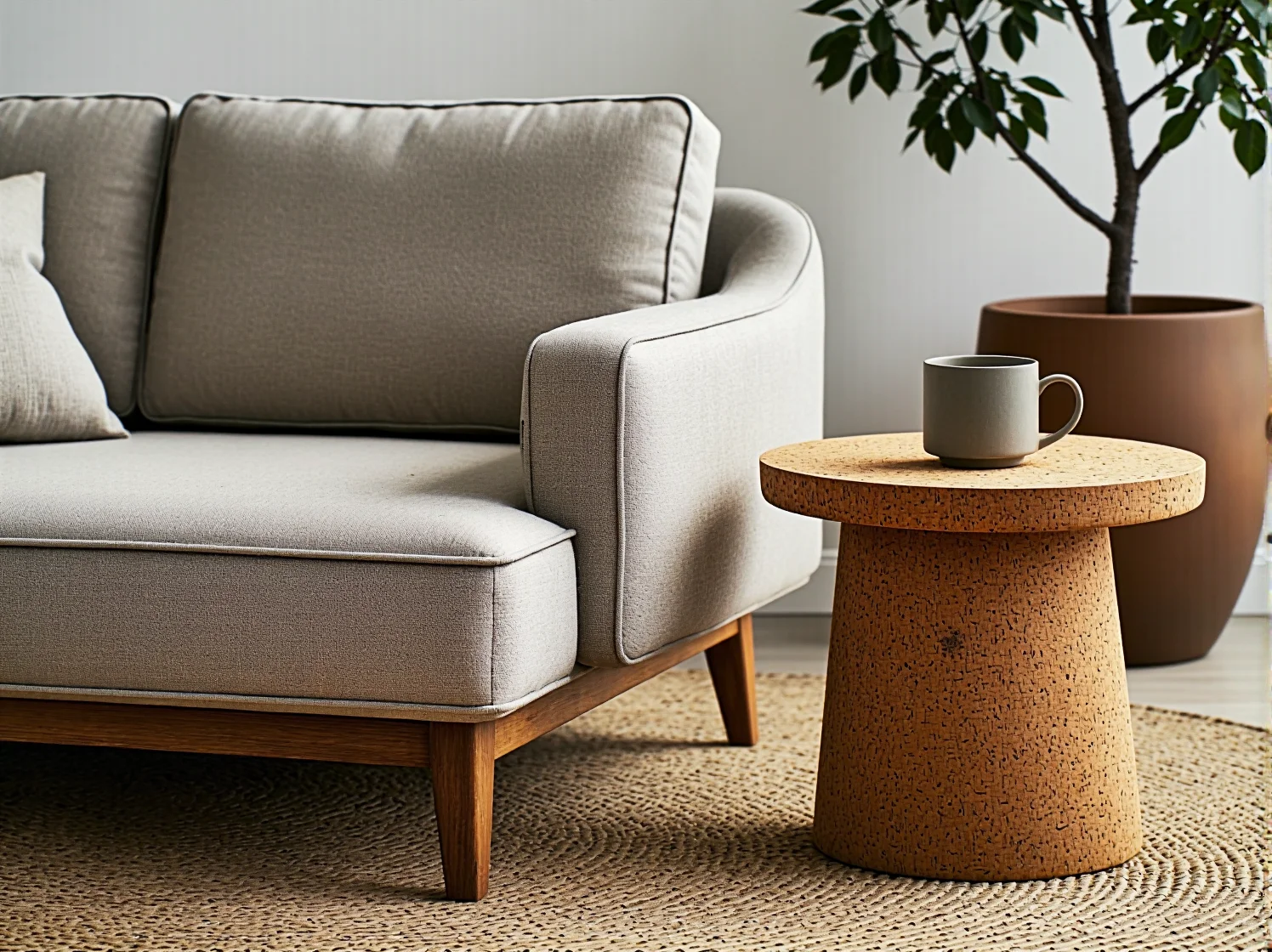 Modułowa sofa z naturalnych tkanin w otoczeniu zielonych roślin