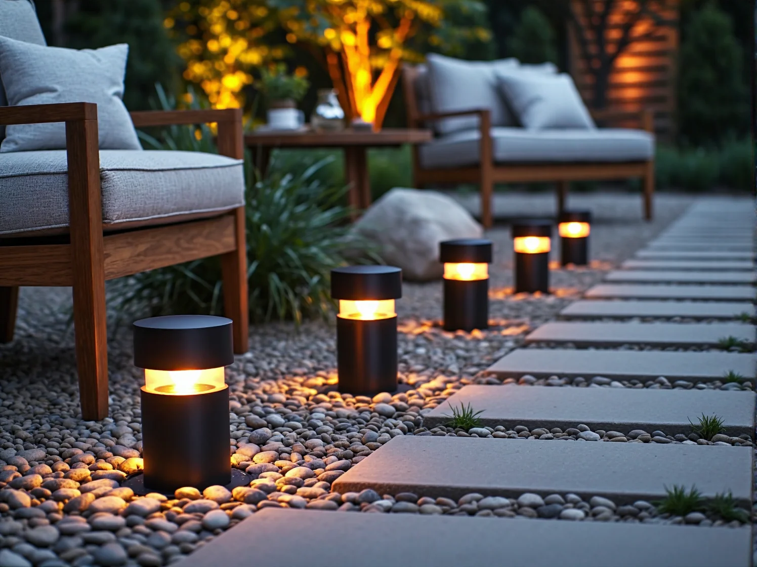 Stojące lampy ogrodowe obok mebli wypoczynkowych w strefie relaksu.