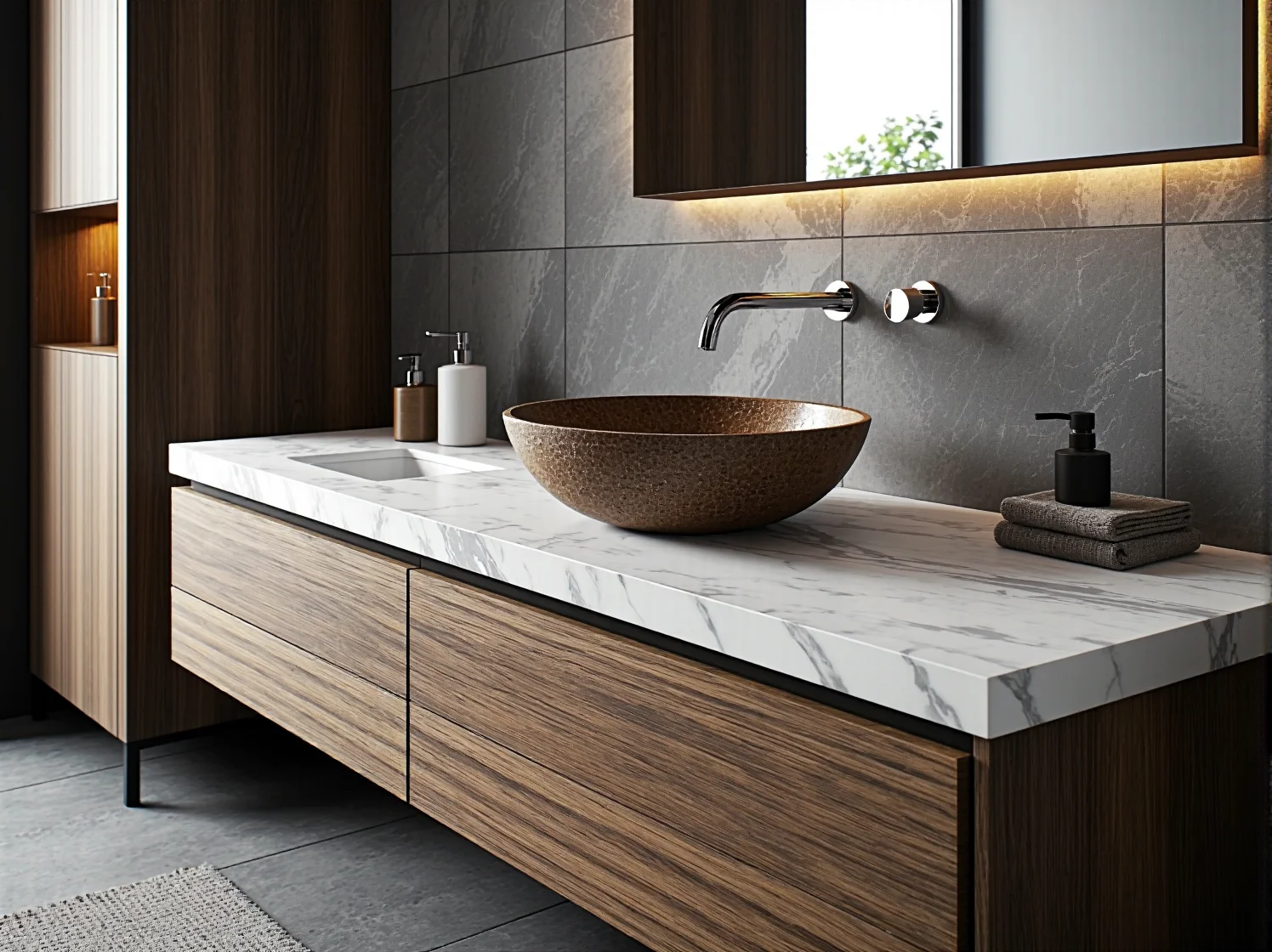 Duży stół jadalniany z ciemnego marmuru z mosiężnymi detalami.