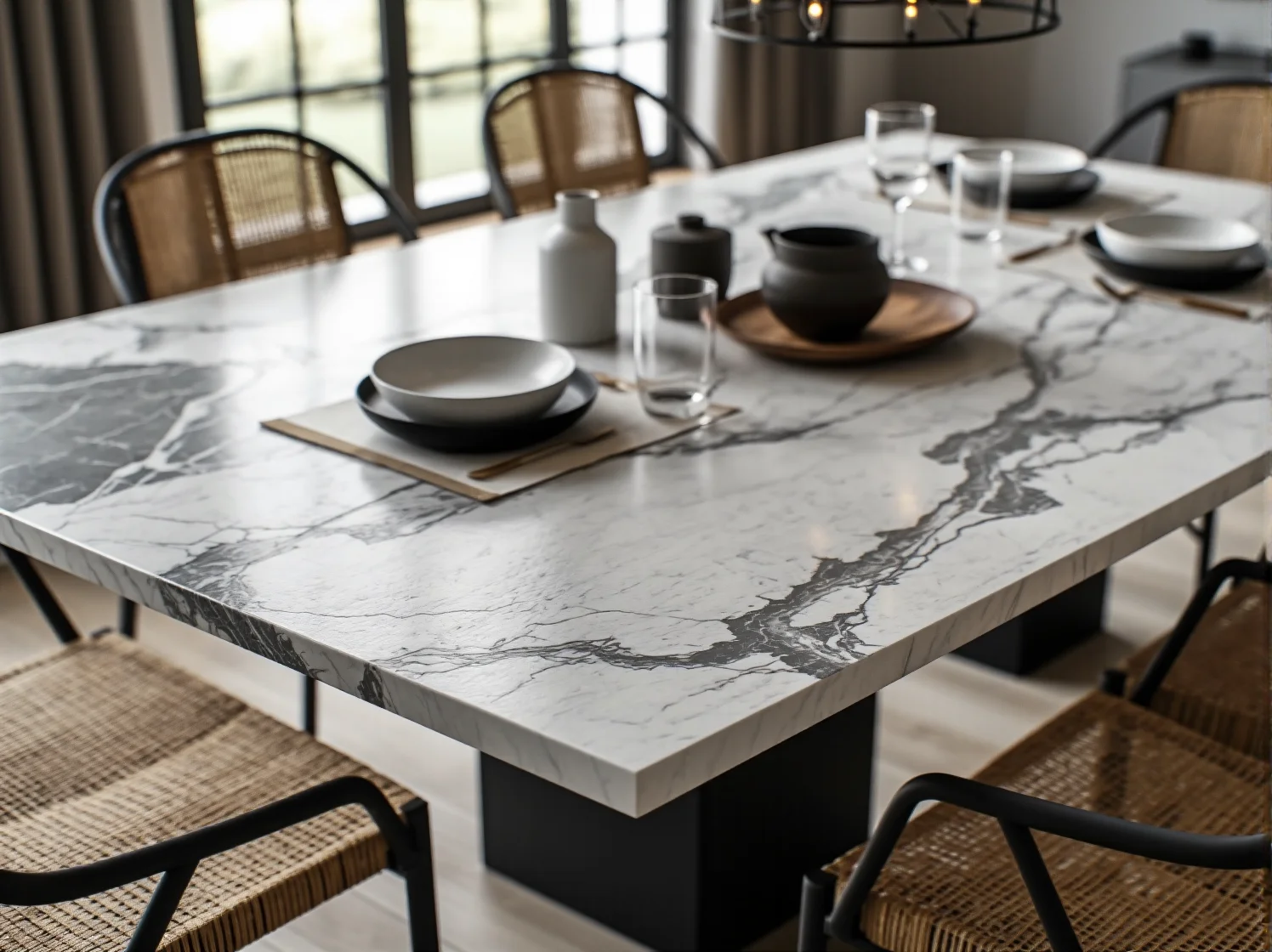 Nowoczesny stolik kawowy z jasnego marmuru w eleganckim wnętrzu.