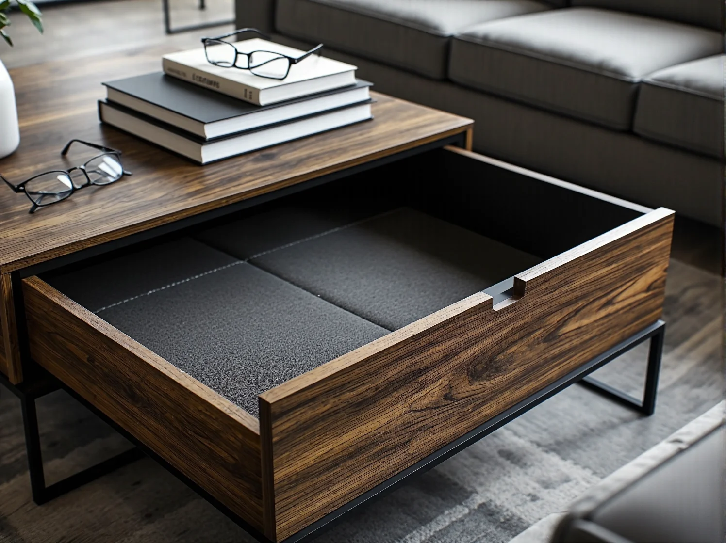 Funkcjonalny stolik kawowy z podnoszonym blatem i głębokim schowkiem w salonie.