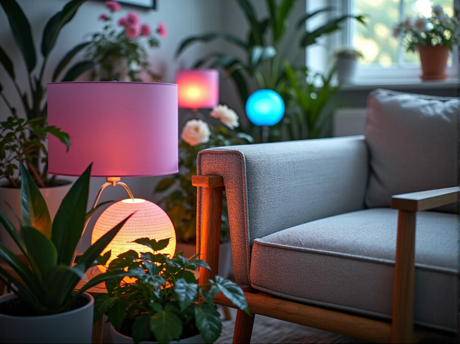 Wieczorna strefa relaksu w ogrodzie glamour z delikatnym, błękitnym oświetleniem LED.