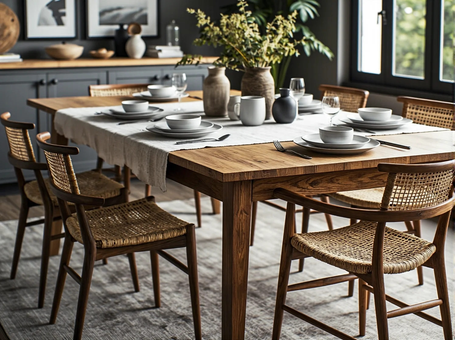 Minimalistyczna sypialnia scandi z plakatami retro i stylową lampą vintage nad łóżkiem.