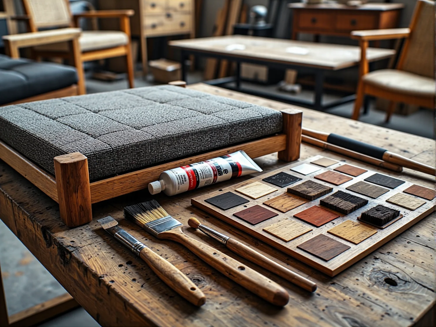 Szlifierka i papier ścierny przygotowujące powierzchnię mebla przed renowacją.