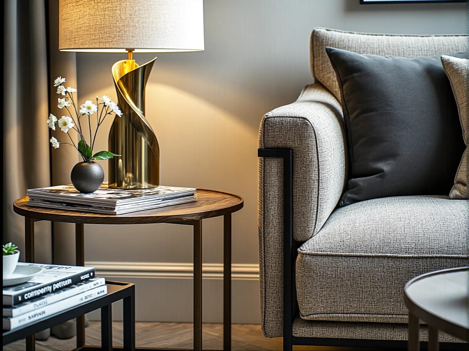 Szykowny wystrój salonu ze szklanym stolikiem i nowoczesnymi dekoracjami ściennymi.