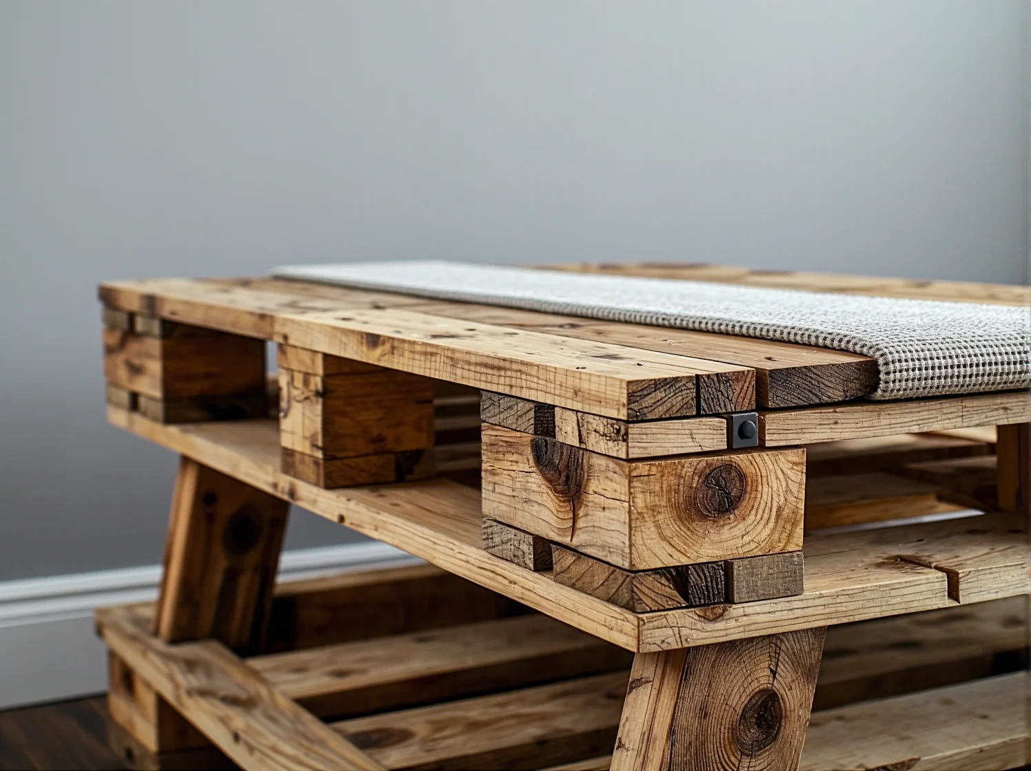 Własnoręcznie zrobiony taboret z palet na domowym tarasie.