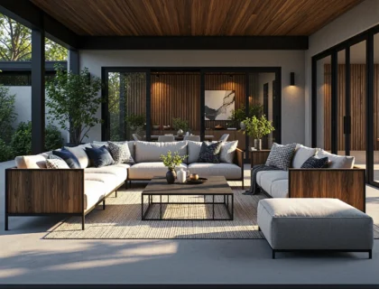 Nowoczesny narożnik modułowy szary z drewnianymi podłokietnikami