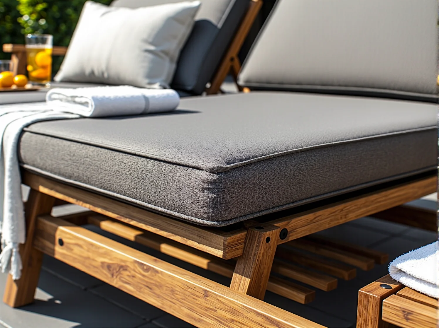 Zbliżenie na wysokiej jakości materiały odporne na warunki atmosferyczne w leżaku hotelowym.