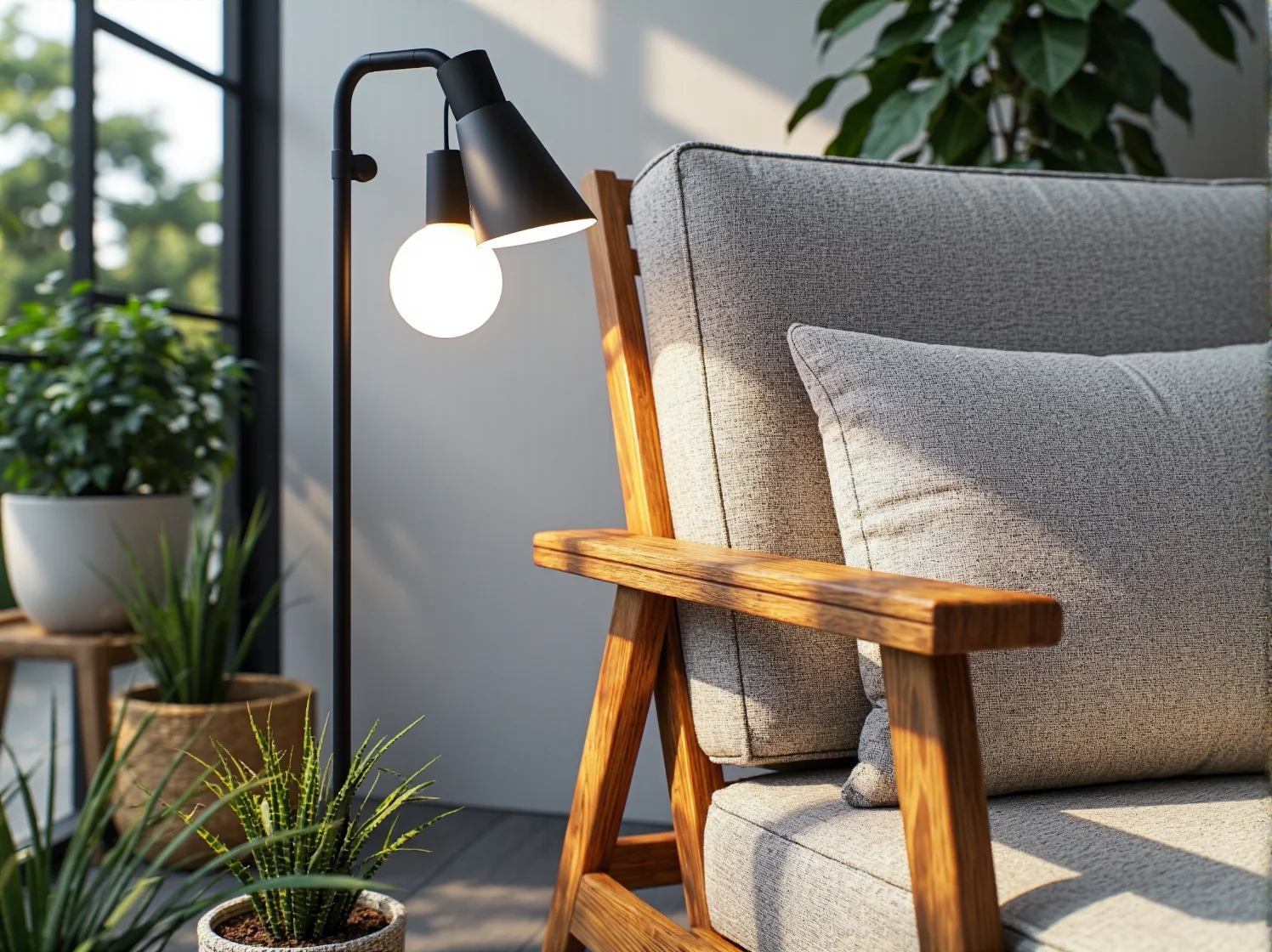 Warstwowe oświetlenie tarasu łączące kinkiety z latarenkami i girlandami.