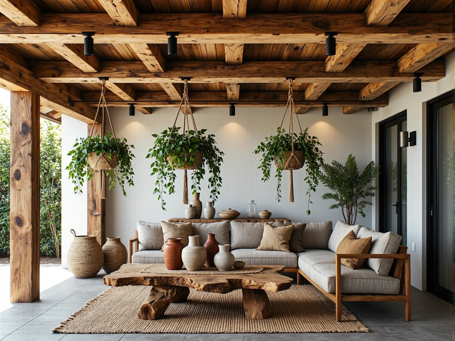 Wieczorny relaks na rustykalnym tarasie oświetlonym delikatnymi lampami punktowymi.