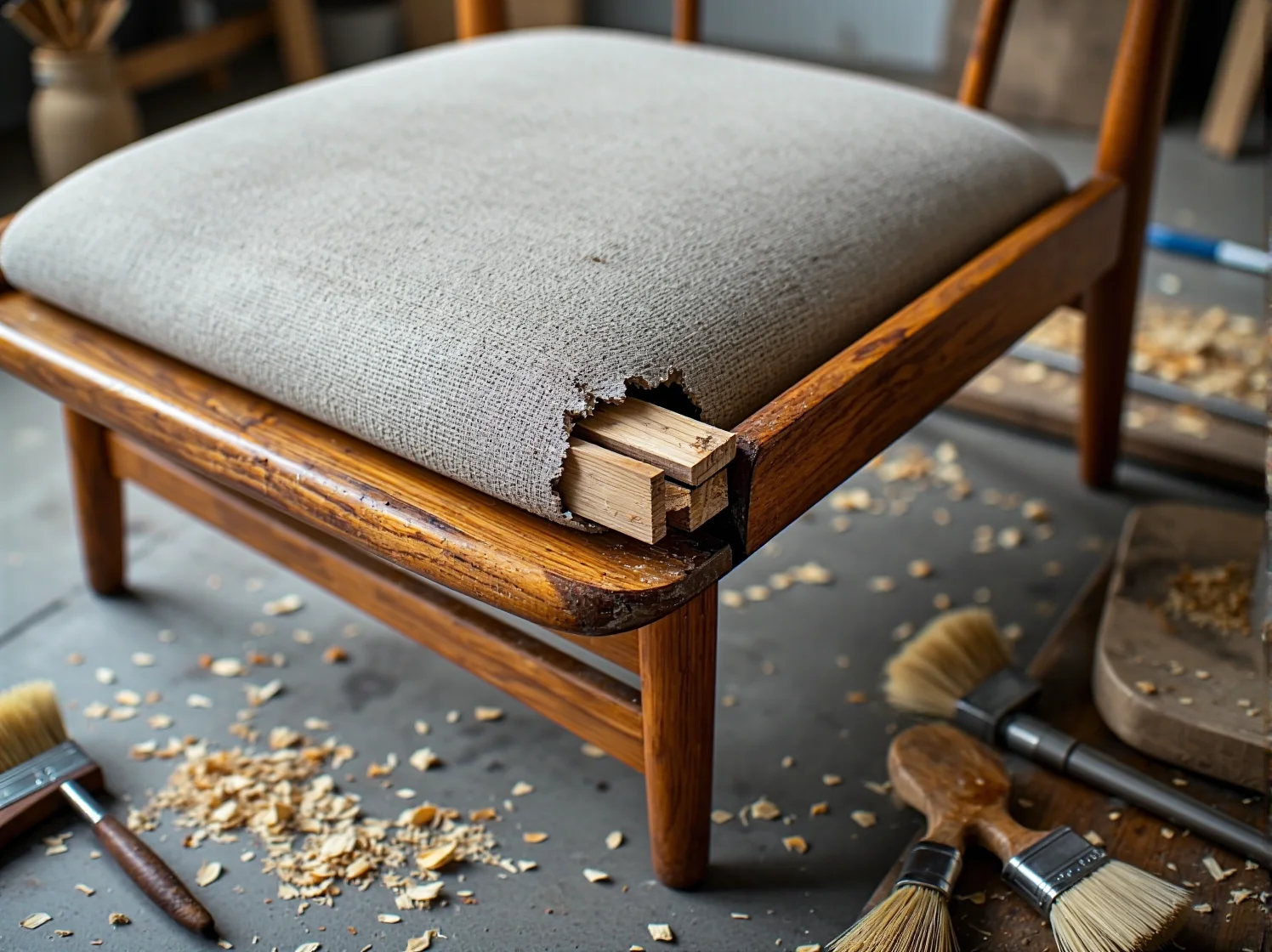 Woski, markery i szpachle do precyzyjnego wypełniania rys w uszkodzonych meblach.