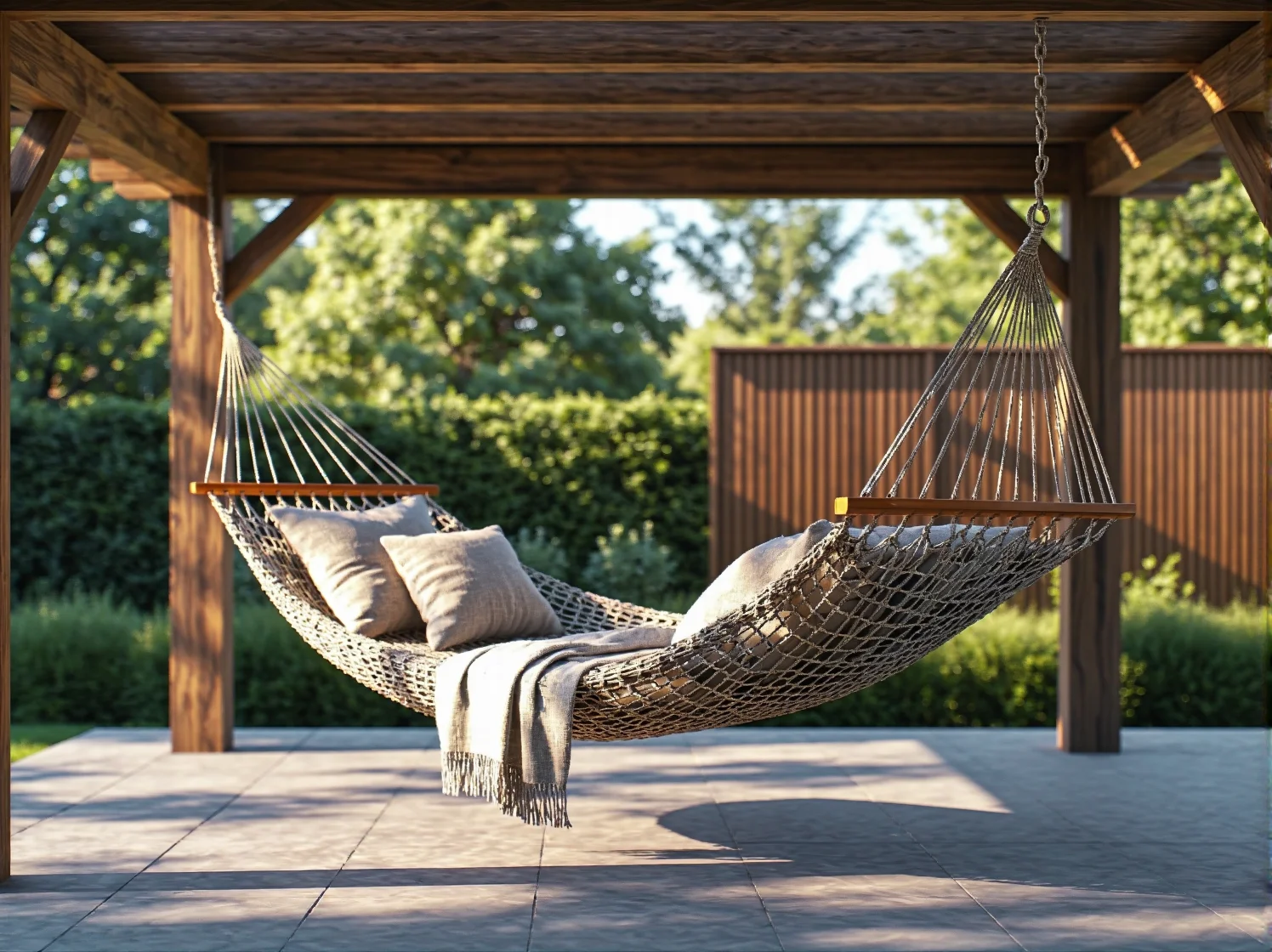 Wygodny fotel wiszący i sofa ogrodowa w przytulnej strefie relaksu