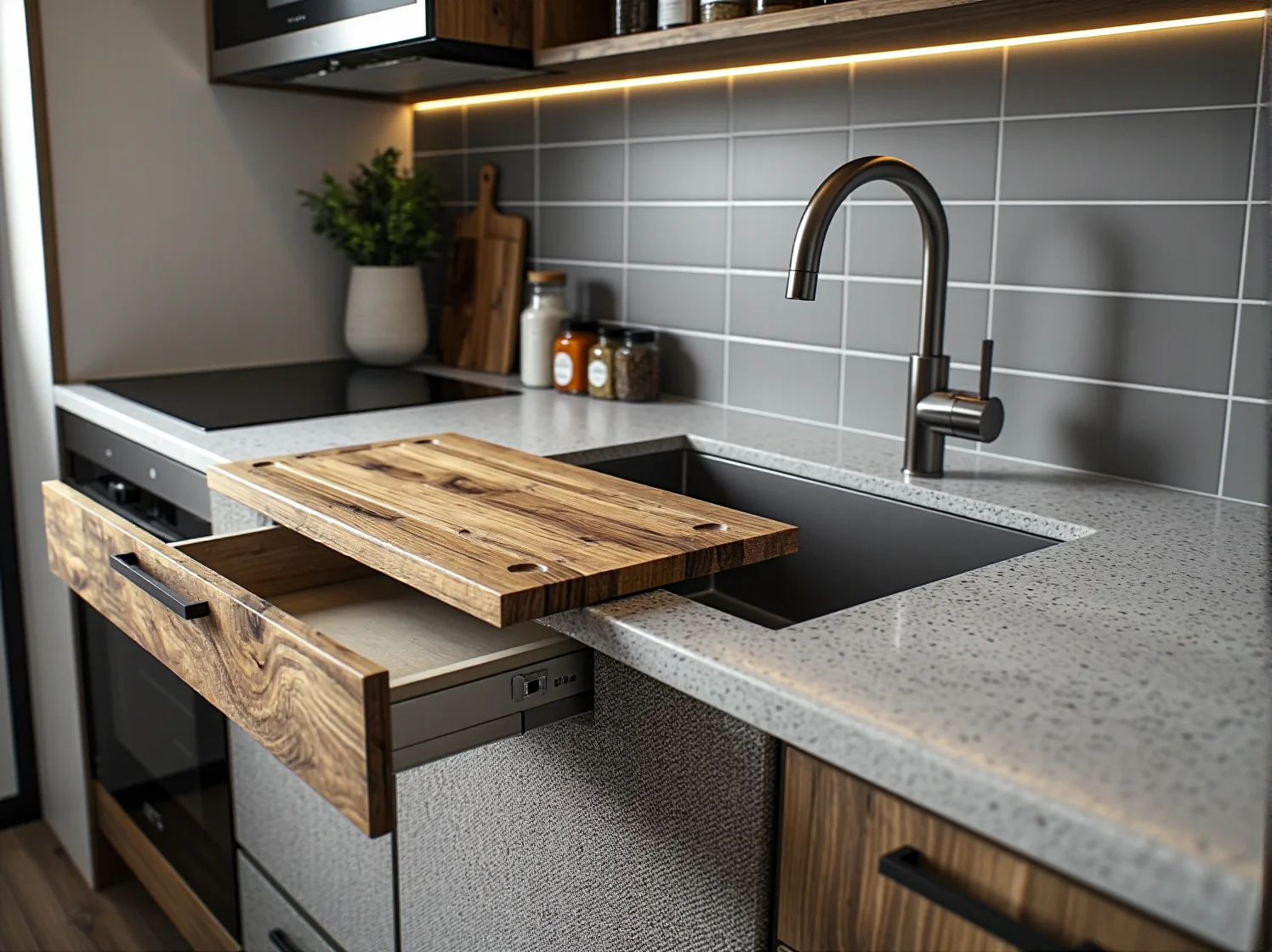 Wysoka zabudowa szafek kuchennych pod sam sufit jako sprytne rozwiązanie do przechowywania w małej kuchni.